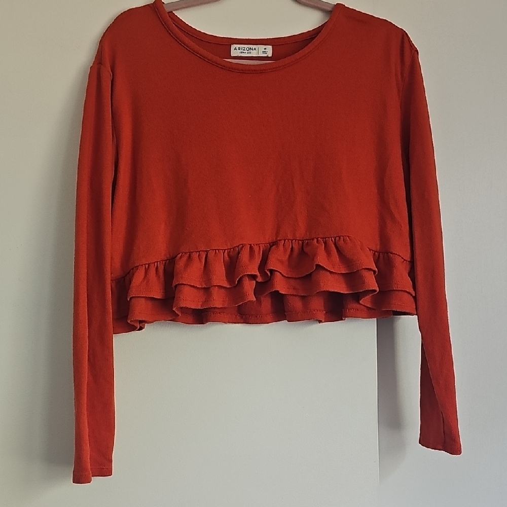 Arizona Jean Company Red Crop Blouse with Ruffled Hem
